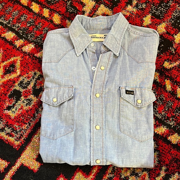 ROEBUCKS Size S Blue Light Blue Paint Splatter Western Long Sleeve Shirt